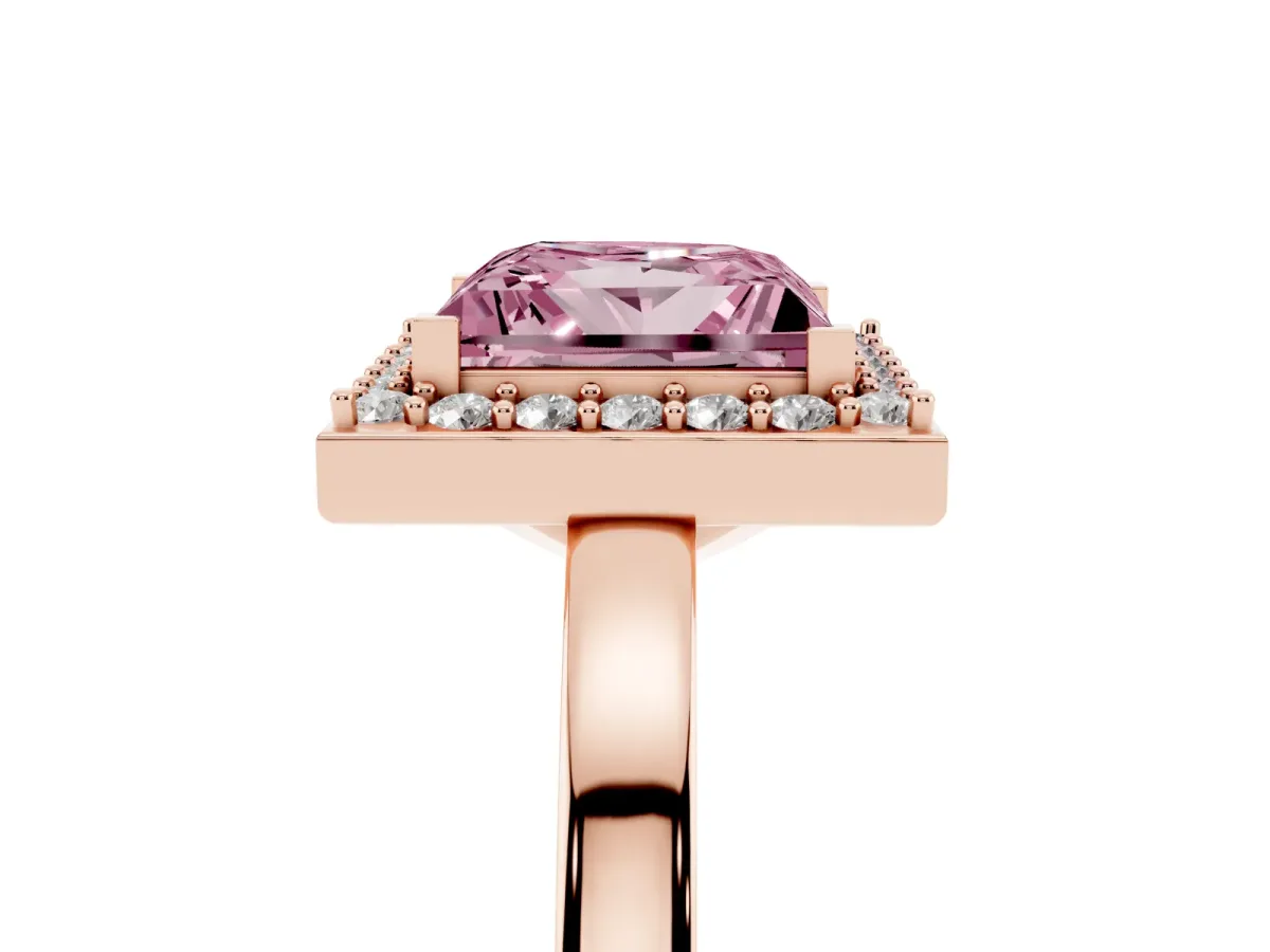 Fancy Pink Princess Cut Halo Diamond Ring with Solitaire Band and Prong Setting Rose gold