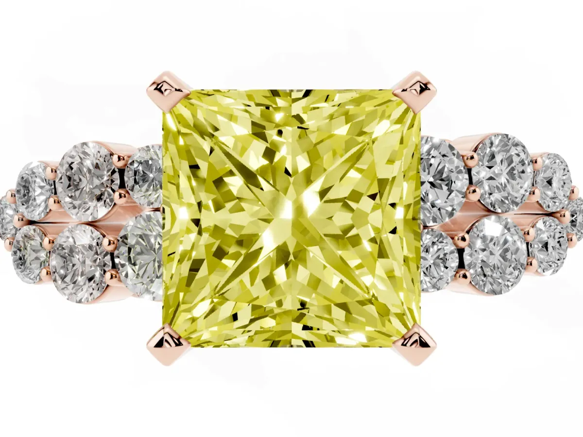 Fancy Yellow Princess Cut Cluster Diamond Engagement Ring with Pavé Band and Four-Prong Setting Rose gold