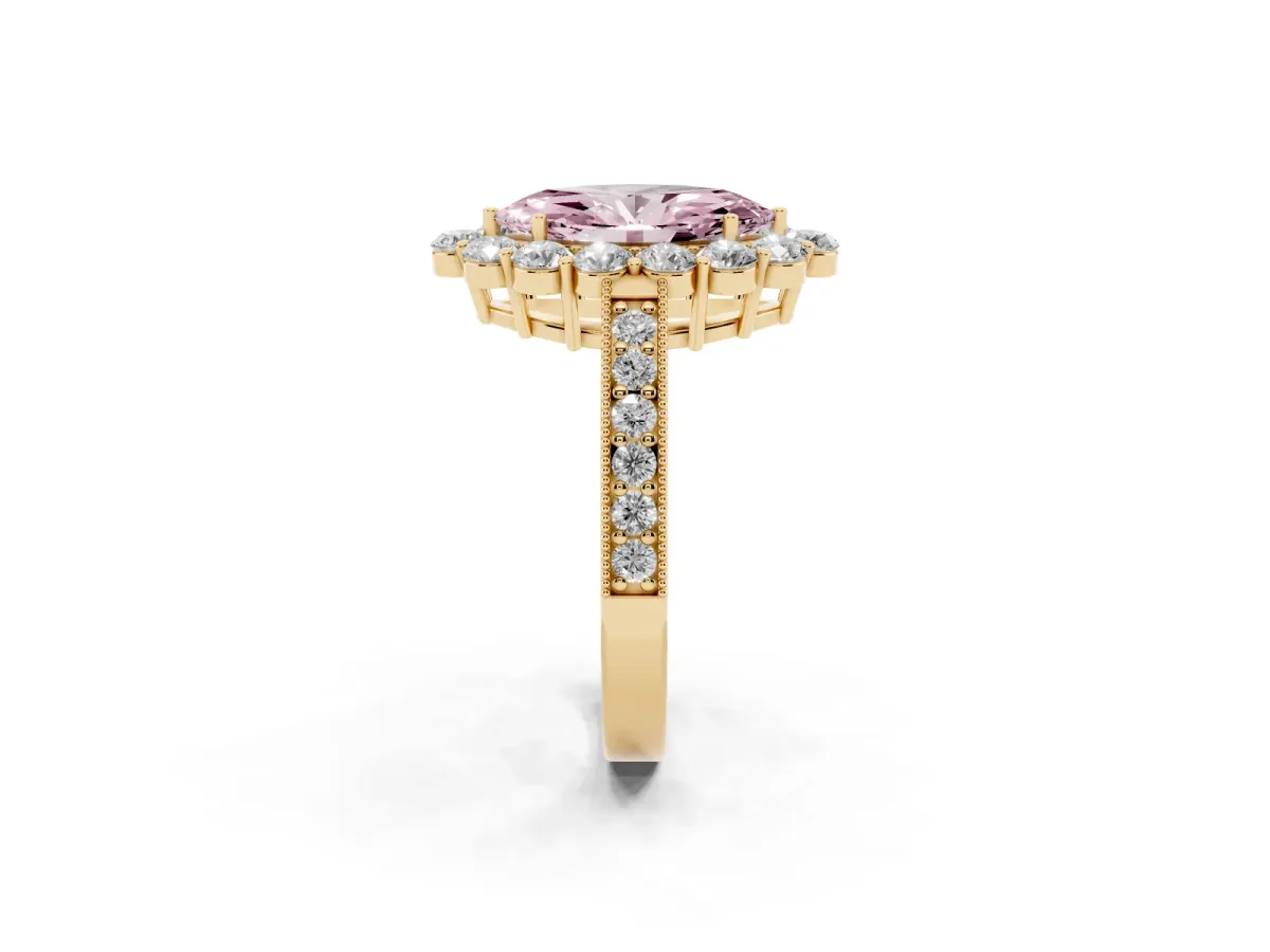Fancy Pink Marquise Cut Cut Halo Diamond Pavé Engagement Ring with Milgrain Detailing Yellow gold