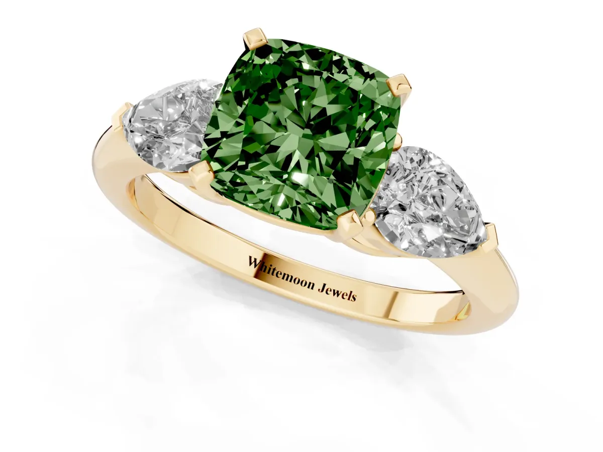 Fancy Green Three-Stone Cushion Cut Diamond Ring with Pear Side Stones and Four-Prong Setting Yellow gold