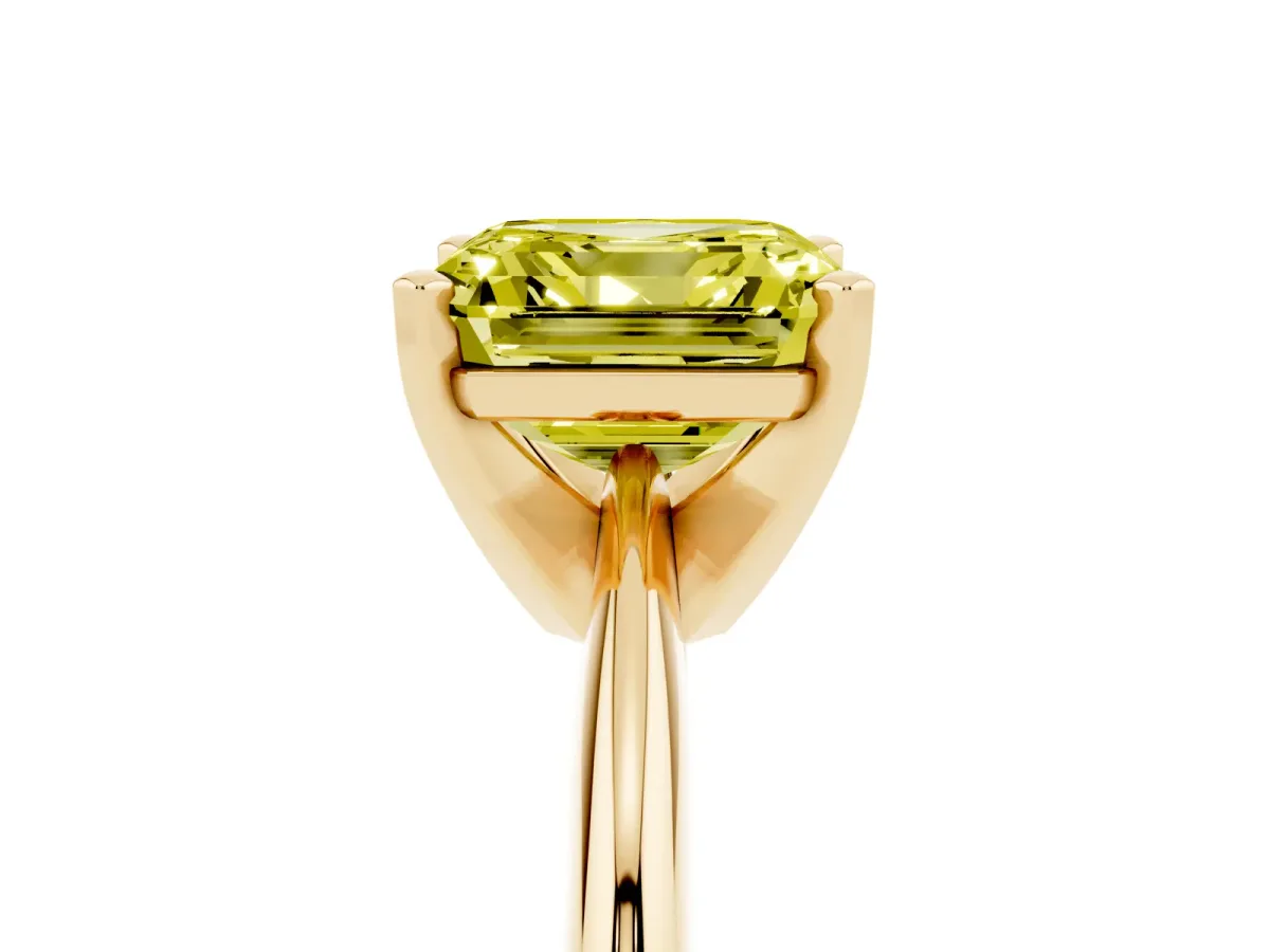 Fancy Yellow Asscher Cut Cut Solitaire Ring with Four-Prong Setting on a Classic Band Yellow gold