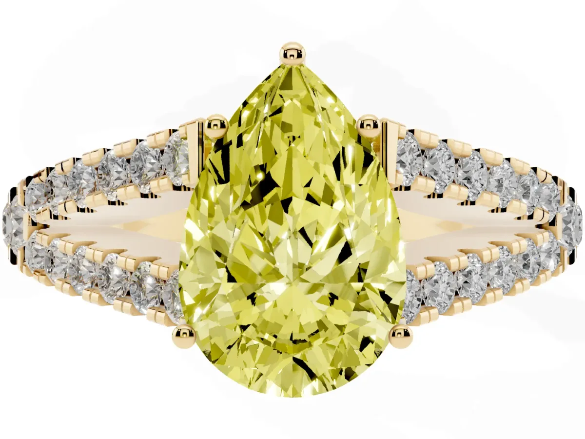 Fancy Yellow Pear Cut Diamond Split Shank Engagement Ring with Round Pavé and Prong Setting Yellow gold
