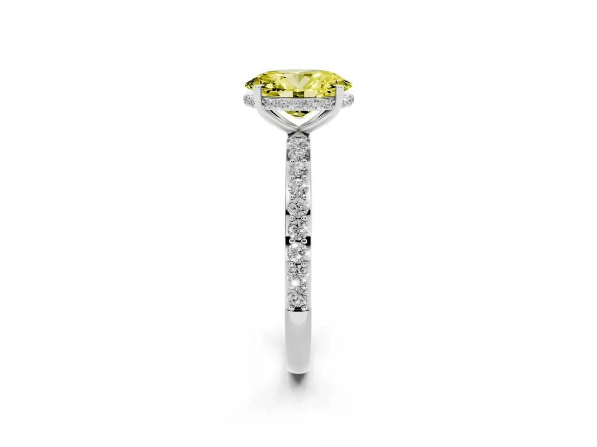 Fancy Yellow Oval Cut Diamond Solitaire Ring with Pavé Band and Hidden Halo Silver