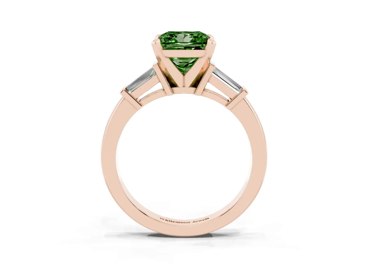 Fancy Green Princess Cut Cut Diamond Solitaire Ring with Tapered Baguette Accents and Four-Prong Setting Rose gold