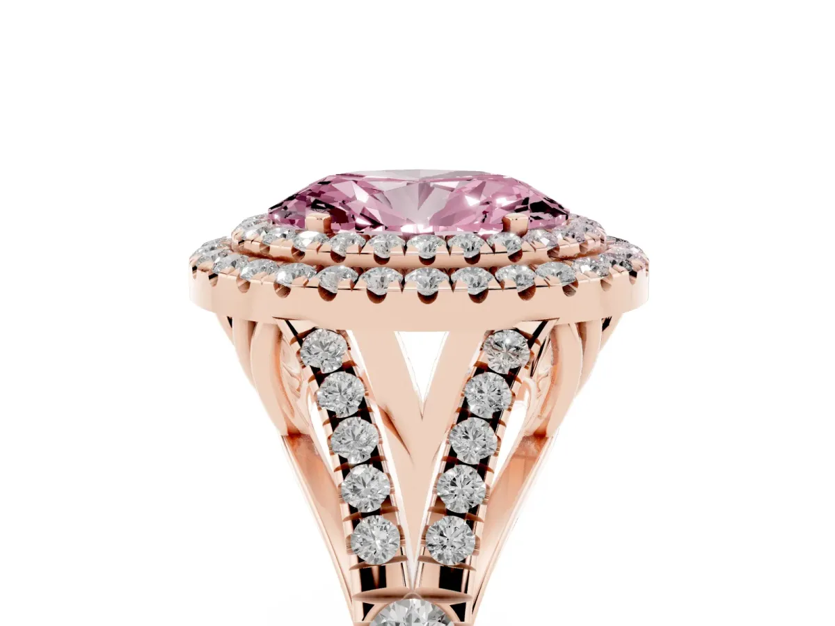 Fancy Pink Oval Cut Cut Double Halo Split Shank Diamond Ring with Prong Setting Rose gold