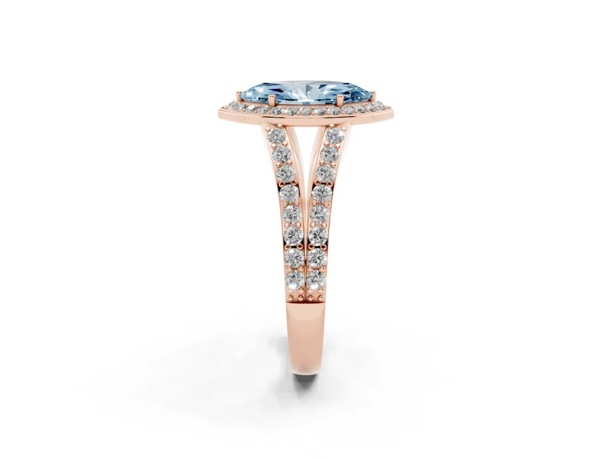 Fancy Blue Marquise Cut Diamond Split Shank Halo Ring with Four-Prong Setting Rose gold