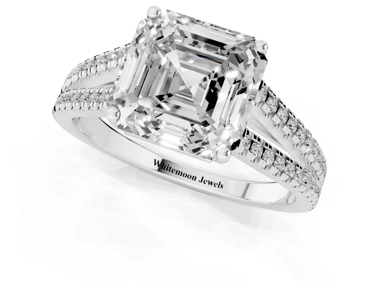 Asscher Cut Diamond Solitaire Engagement Ring with Split Shank Pavé Band Platinum