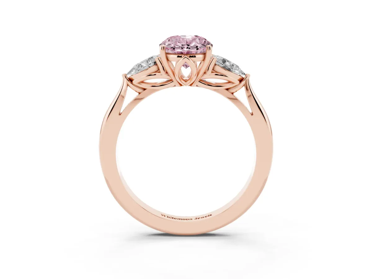 Fancy Pink Oval Cut Diamond Three-Stone Ring with Pear Side Stones and Prong Setting Rose gold