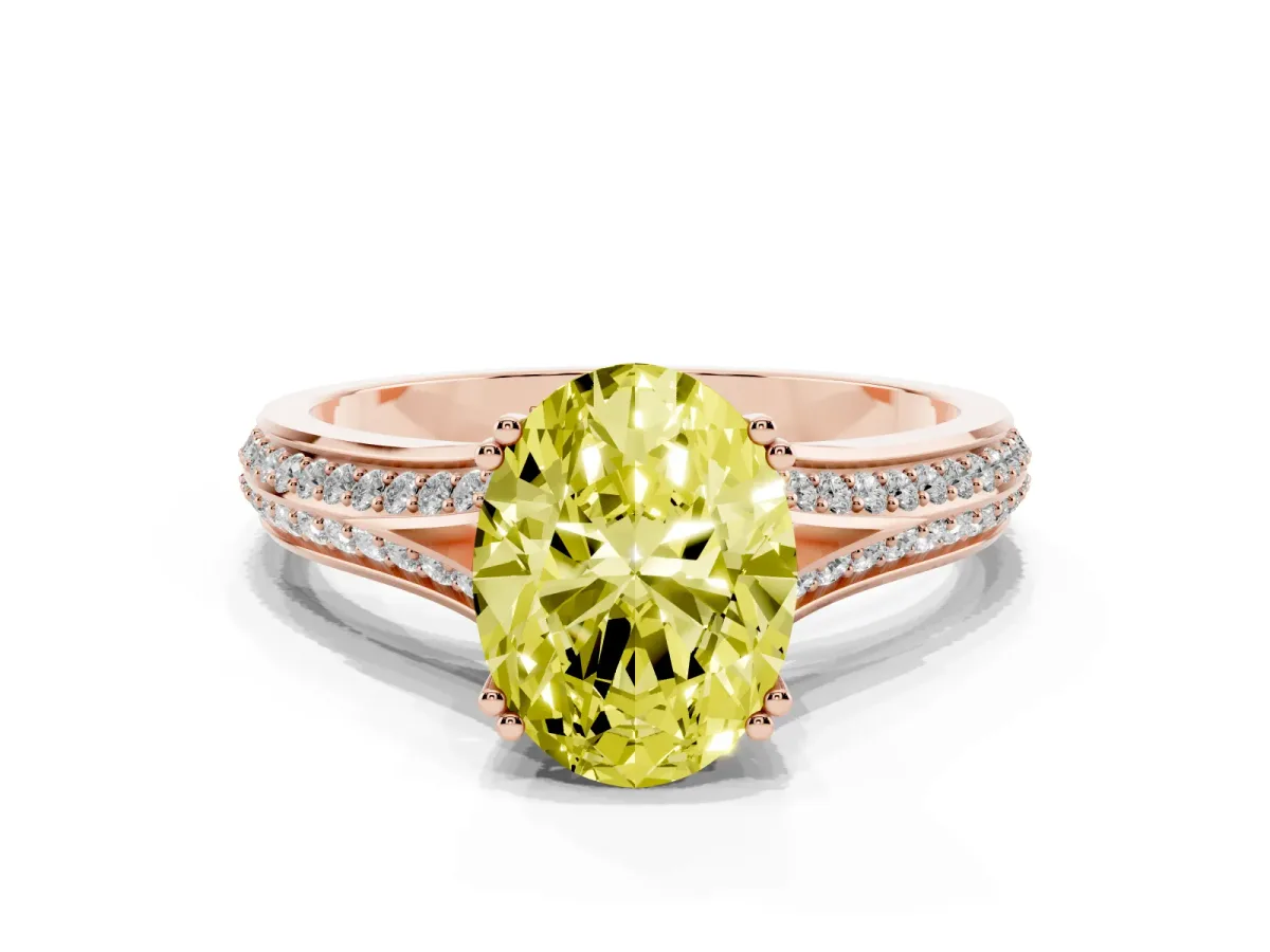 Fancy Yellow Oval Cut Diamond Split Shank Engagement Ring with Pavé Band Rose gold
