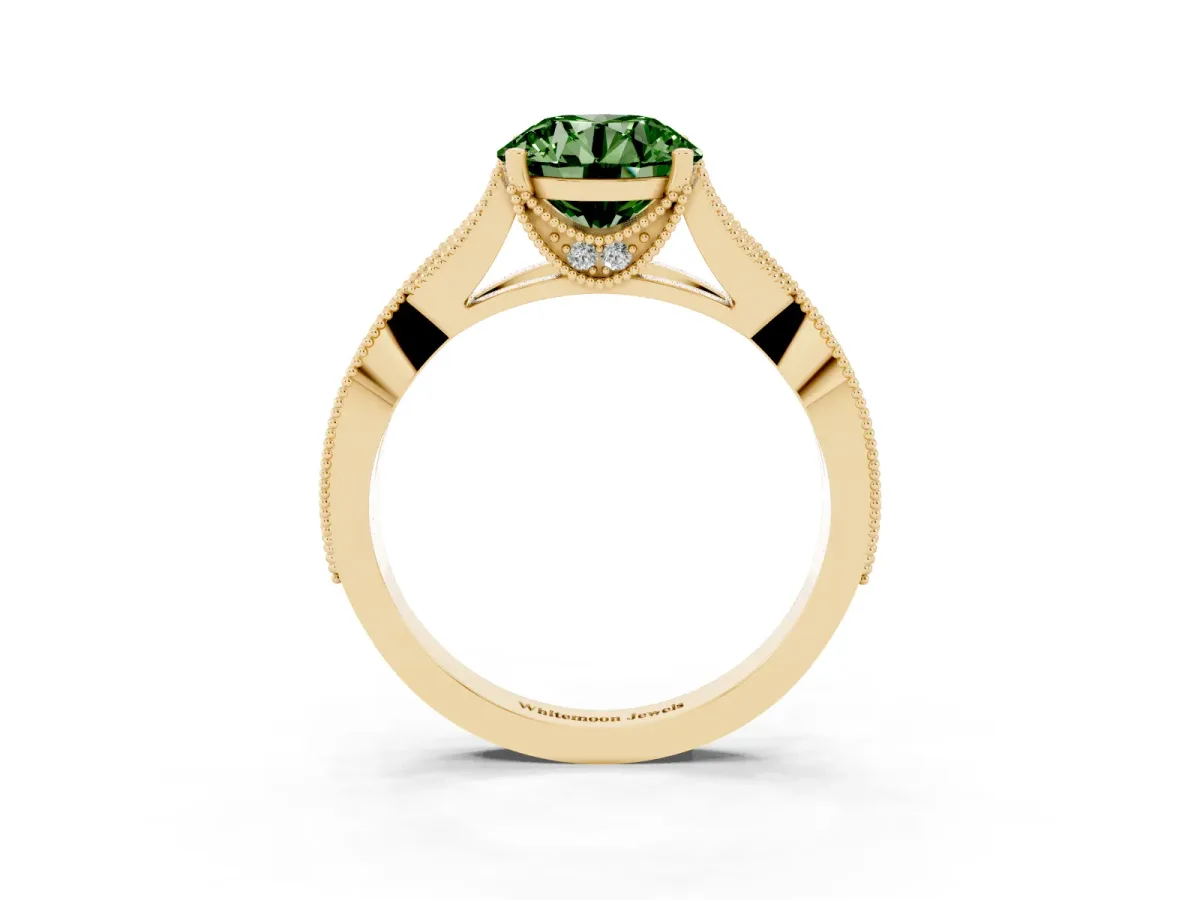 Fancy Green Round Cut Cut Diamond Twisted Band with Milgrain Pave Setting and Four-Prong Setting Yellow gold