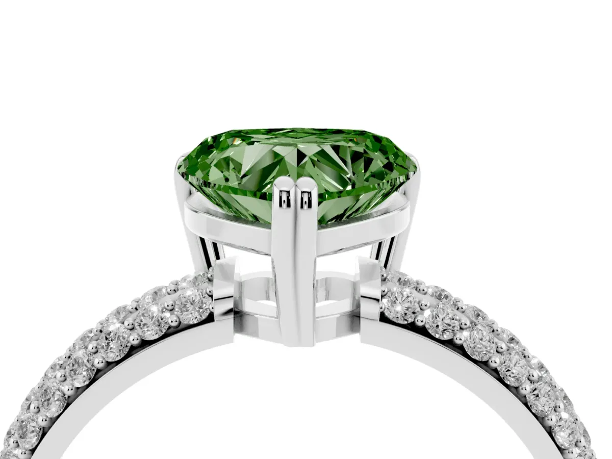 Fancy Green Heart Cut Diamond Solitaire Ring with Multi-Row Round Pavé Band and Prong Setting White gold