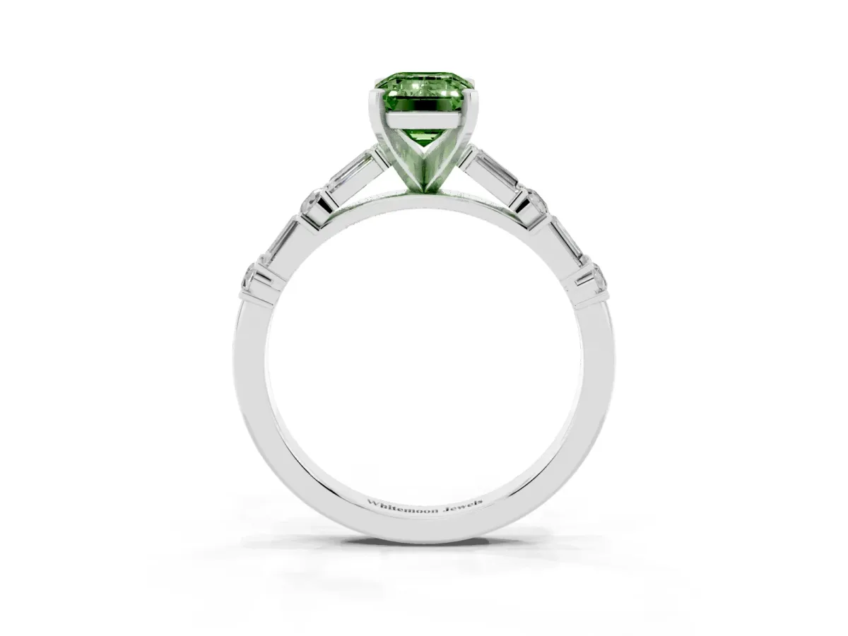 Fancy Green Emerald Cut Diamond Solitaire with Side Baguettes and Channel Set Band Platinum
