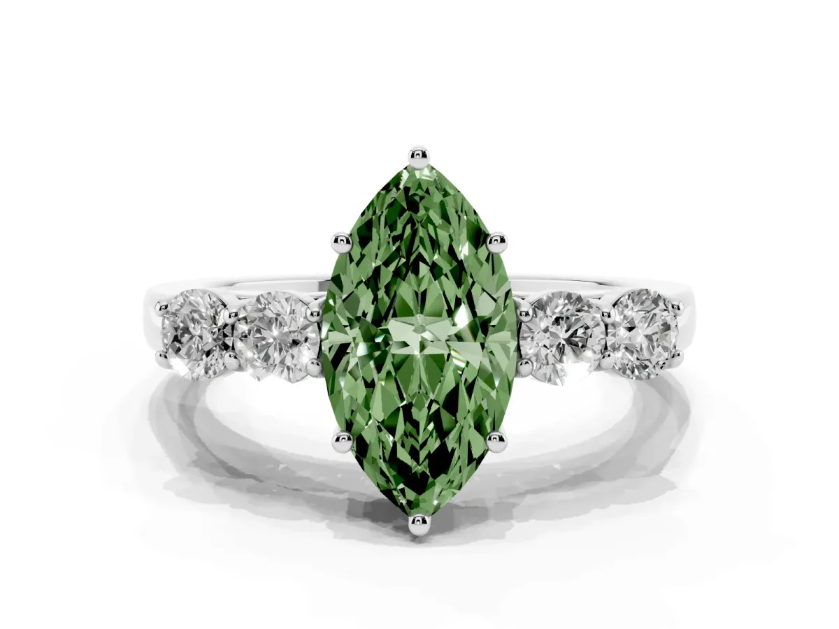 Fancy Green Marquise Cut Cut Diamond Five-Stone Prong Set White Gold Ring Silver