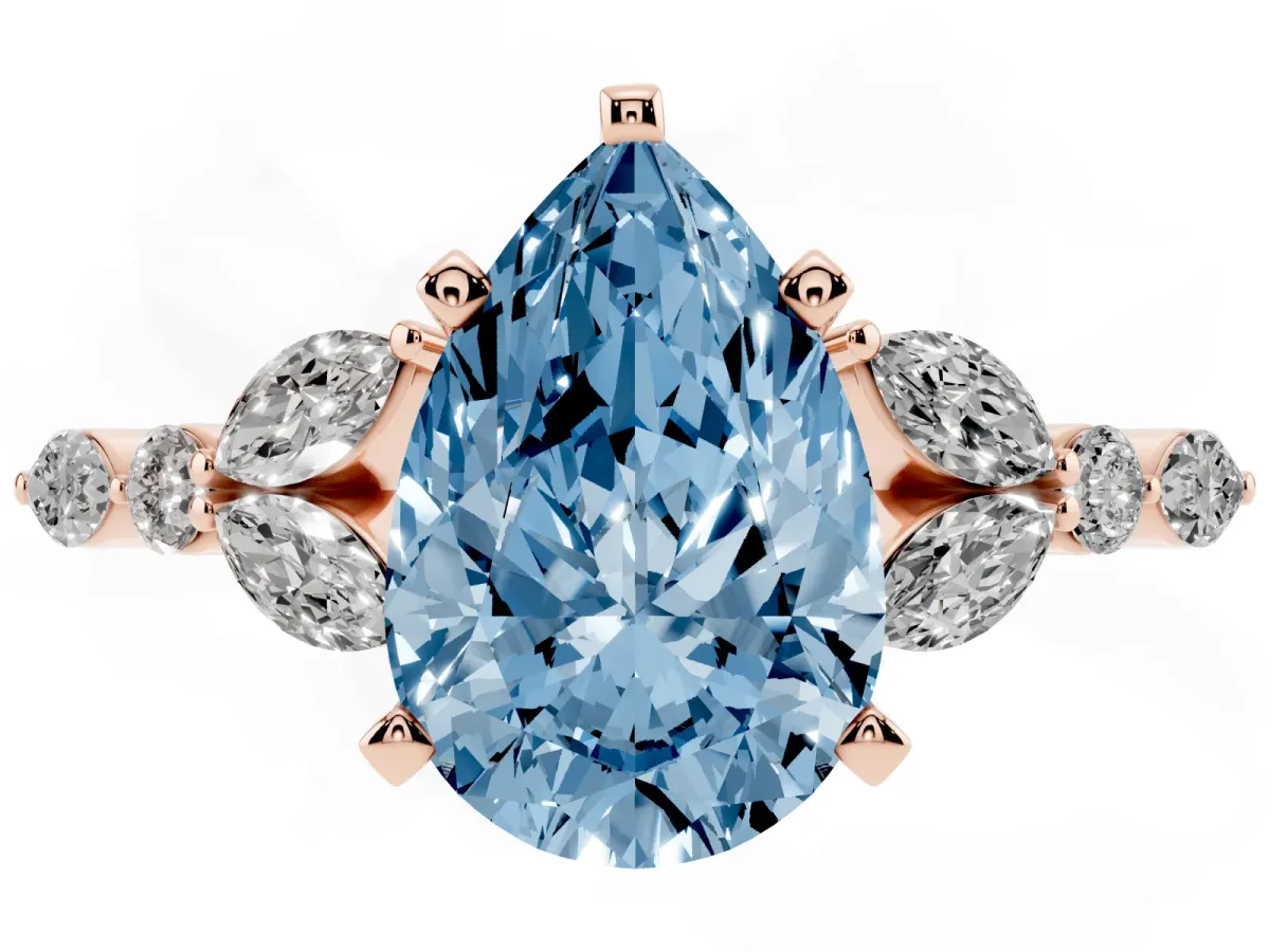 Fancy Blue Pear Cut Diamond Solitaire Ring with Side Stones and Four-Prong Setting Rose gold