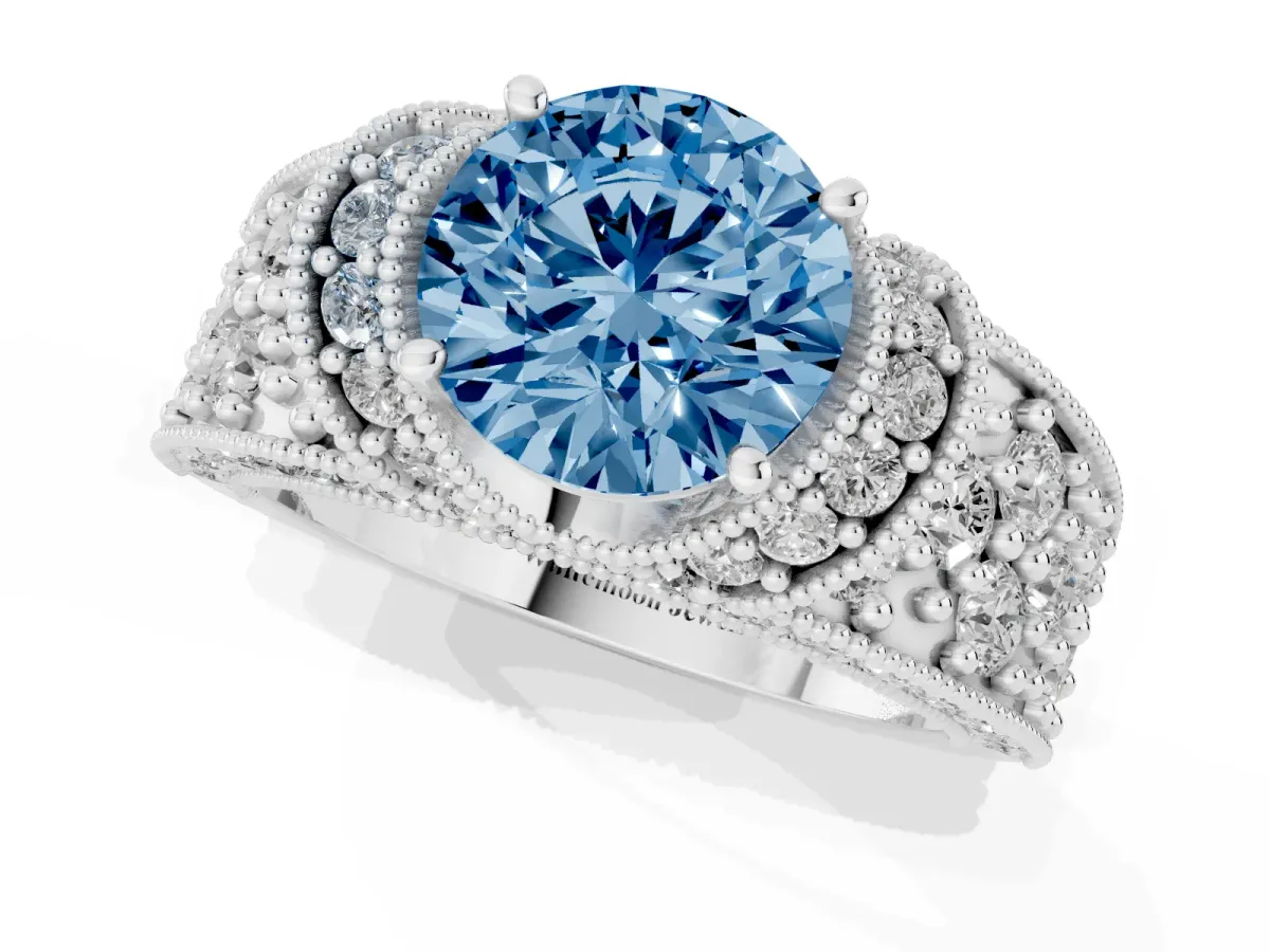 Fancy Blue Round Cut Halo Pave Diamond Engagement Ring with Milgrain Detailing Silver