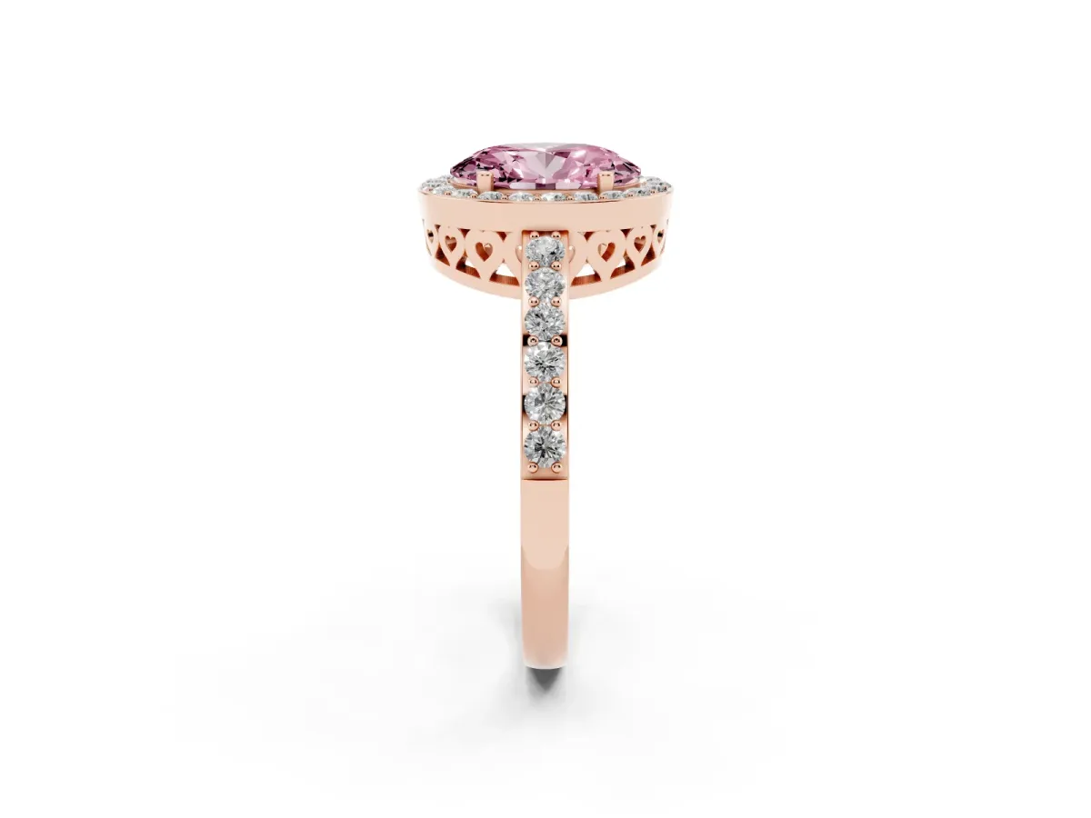 Fancy Pink Oval Cut Halo Diamond Pavé Band Ring with Prong Setting Rose gold