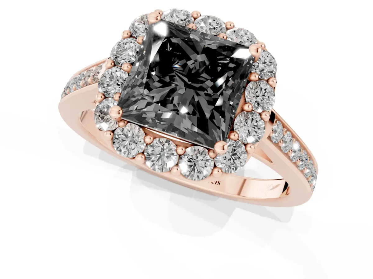 Fancy Black Princess Cut Diamond Floral Halo Ring with Pavé Band and Prong Setting Rose gold