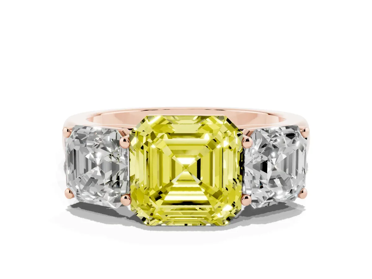 Fancy Yellow Asscher Cut Three-Stone Diamond Ring with Prong Setting on a Classic Band Rose gold