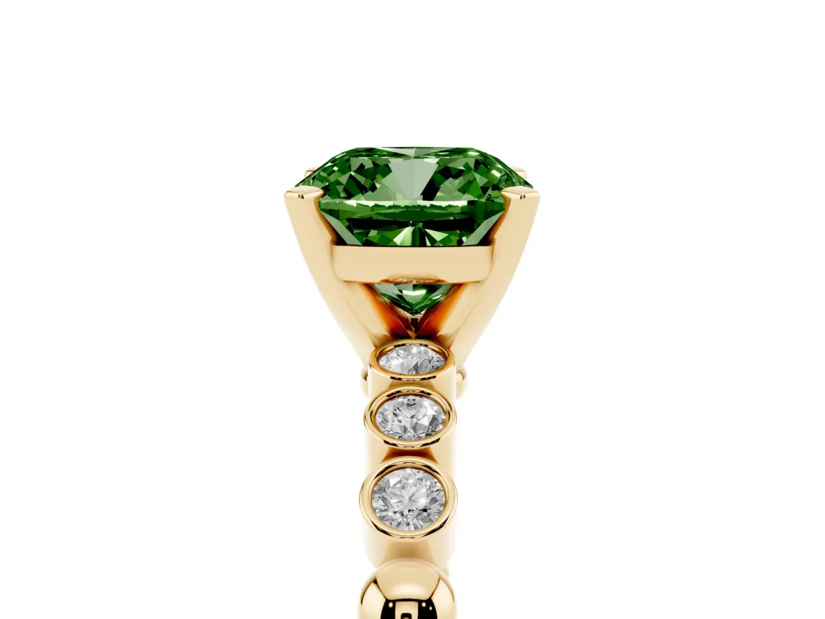 Fancy Green Cushion Cut Solitaire Bezel Accent Diamond Engagement Ring with Beaded Band and Four-Prong Setting Yellow gold