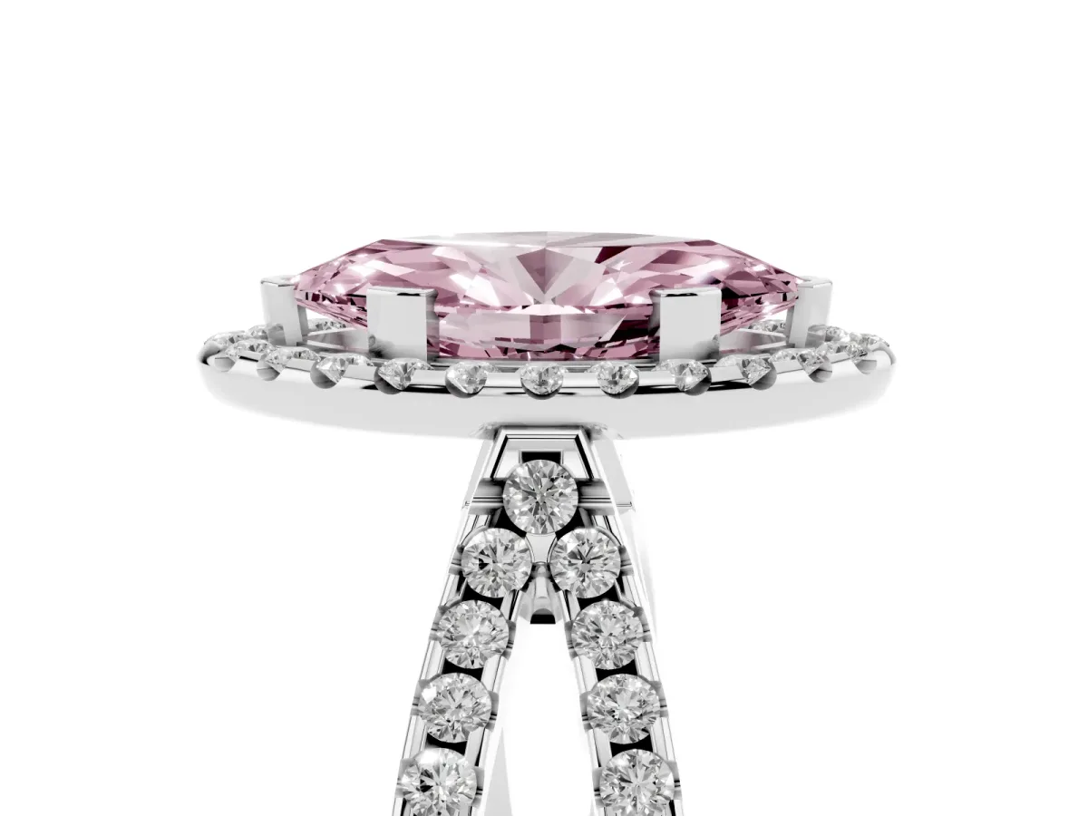 Fancy Pink Marquise Cut Diamond Halo Ring with Split Shank Pavé Band and Prong Setting Silver