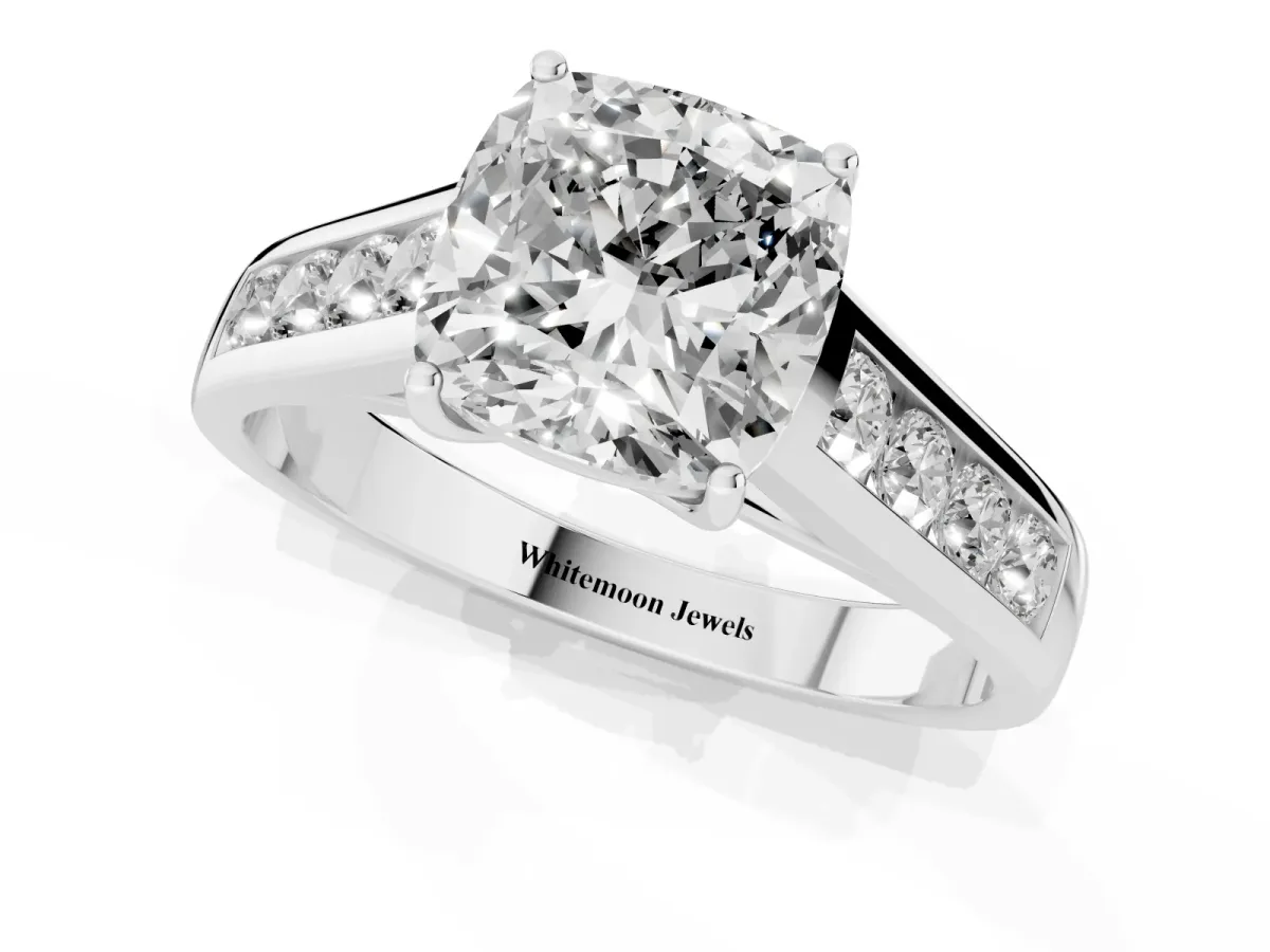 Cushion Cut Solitaire Channel-Set Diamond Engagement Ring with Four-Prong Setting Silver