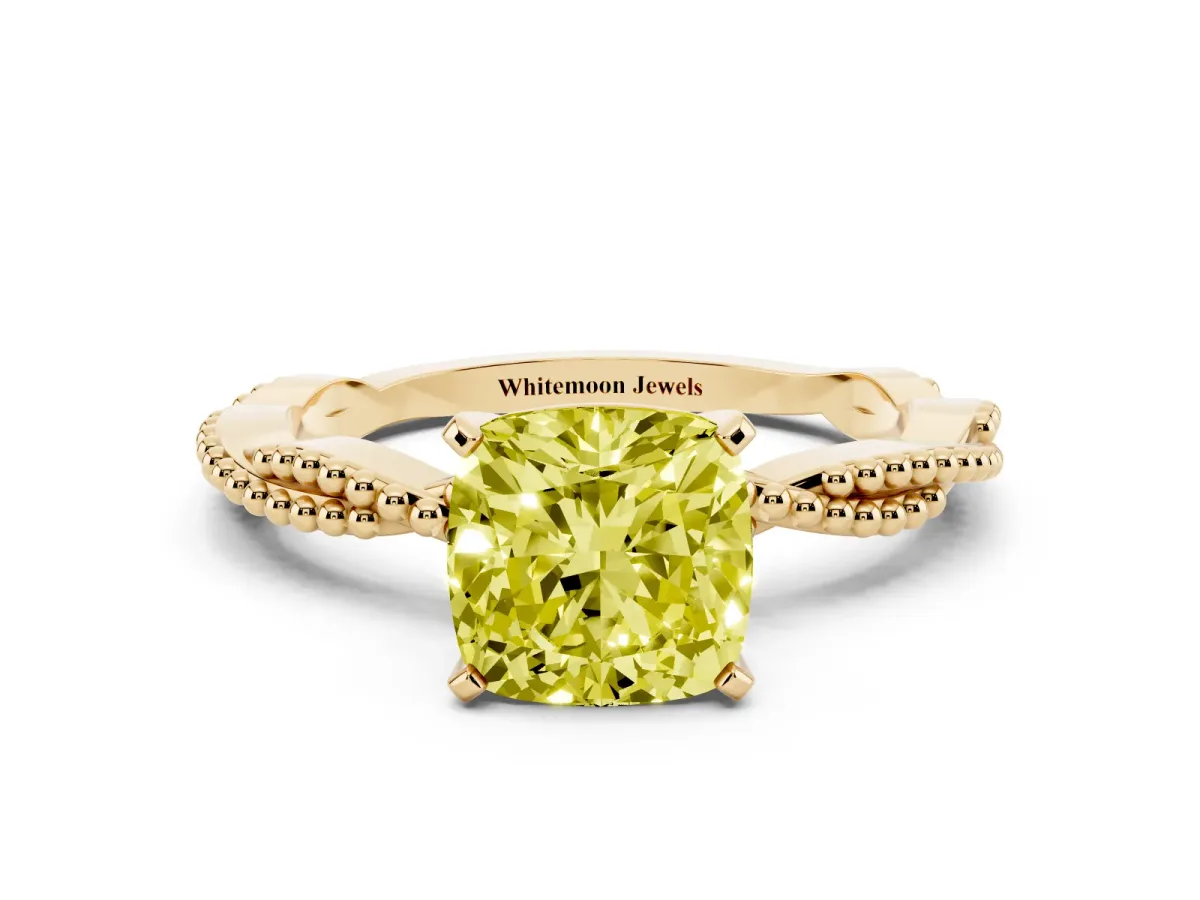 Fancy Yellow Cushion Cut Solitaire Twisted Band with Bead Prong Setting Yellow gold