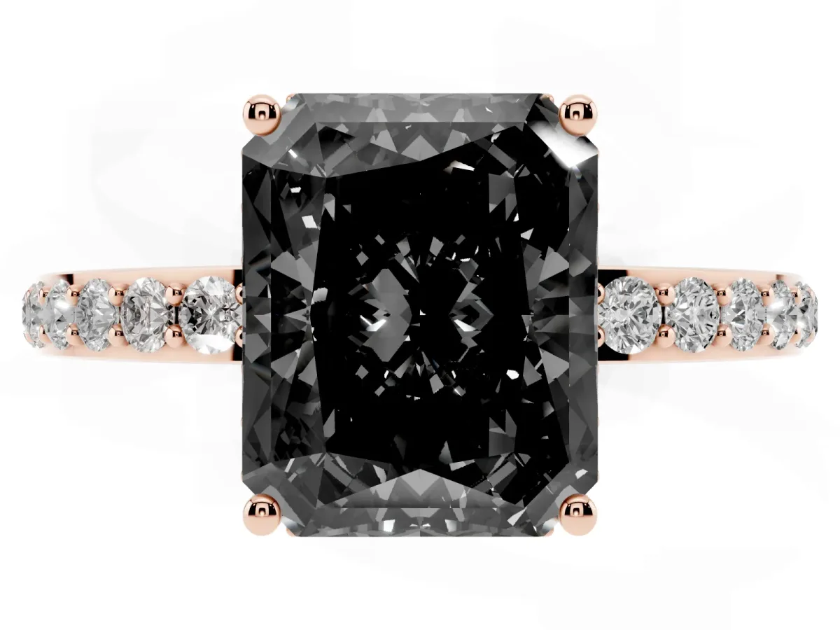 Fancy Black Radiant Cut Diamond Solitaire Ring with Pavé Band and Hidden Halo Rose gold