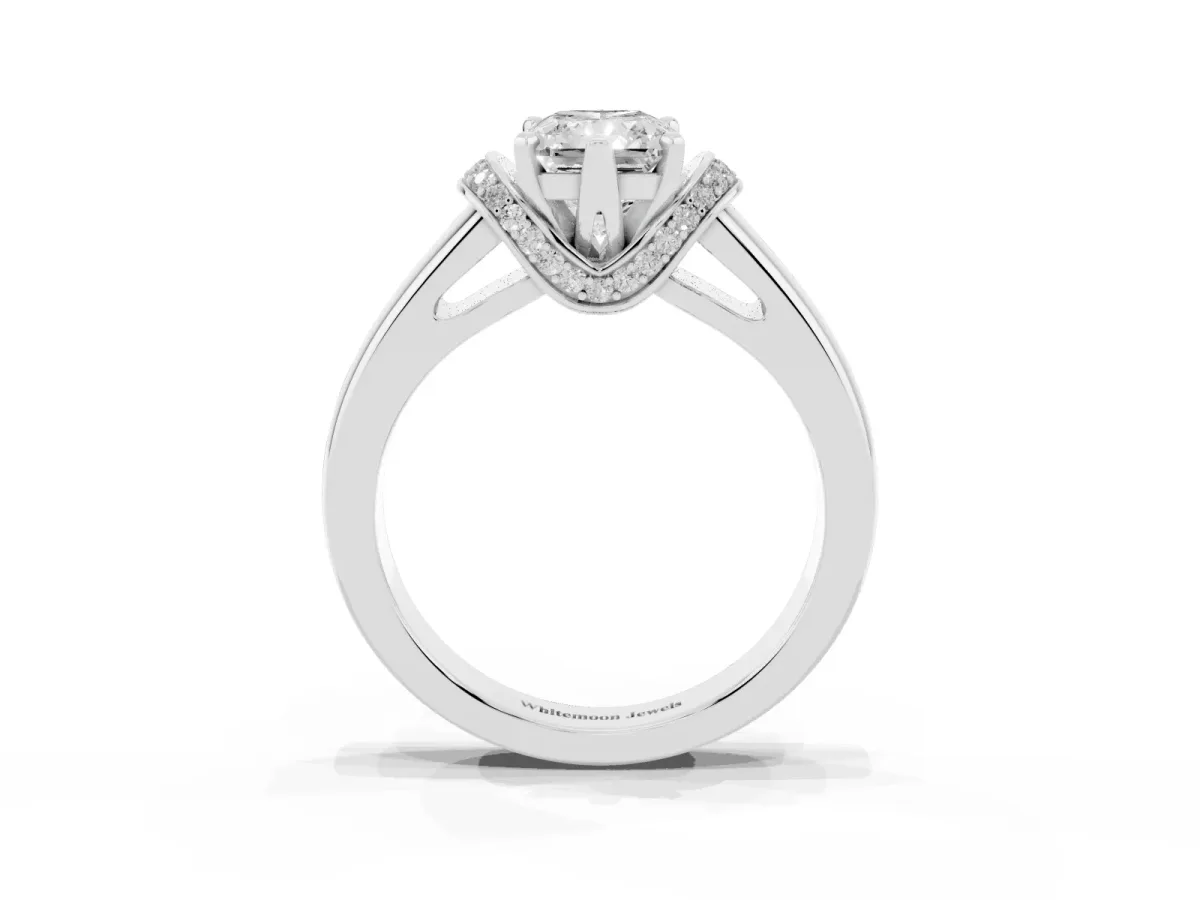 Radiant Cut Solitaire Diamond Ring with Pave Band and Six-Prong Setting Silver