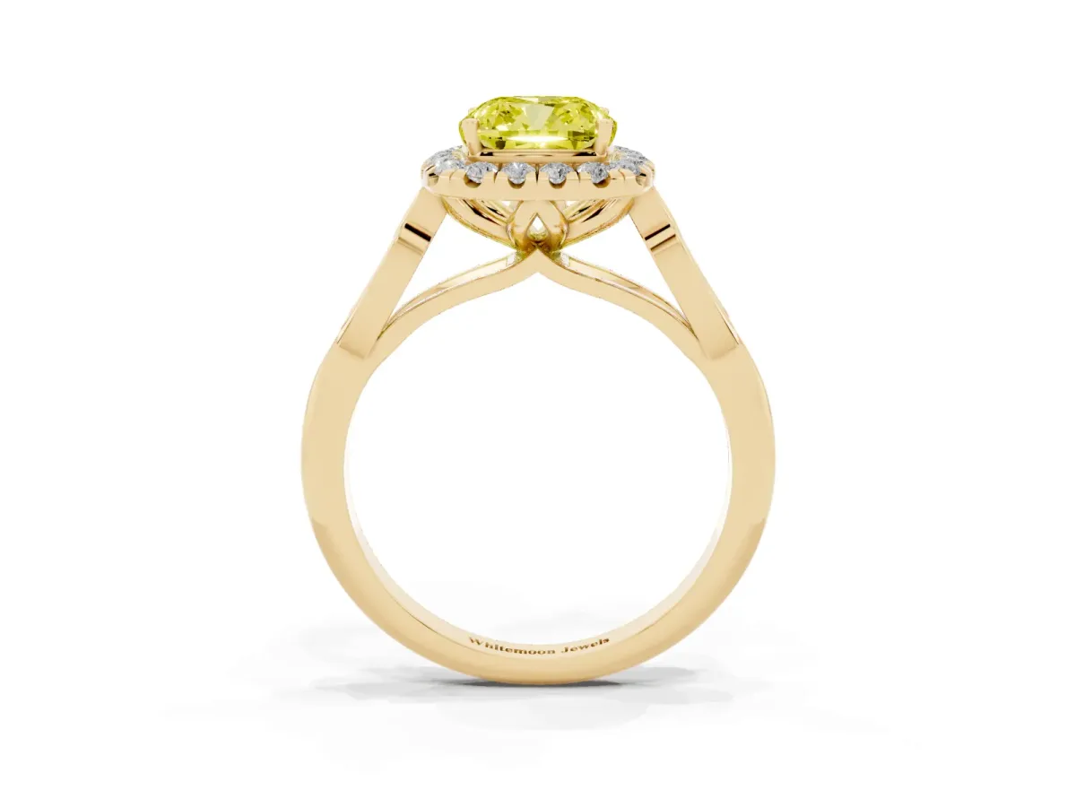 Fancy Yellow Cushion Cut Halo Diamond Engagement Ring with Filigree Band and Four-Prong Setting Yellow gold
