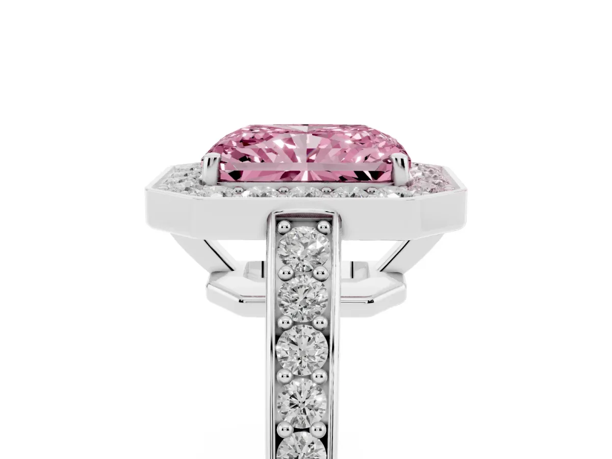 Fancy Pink Radiant Cut Halo Pavé Diamond Engagement Ring with Bezel Setting Silver