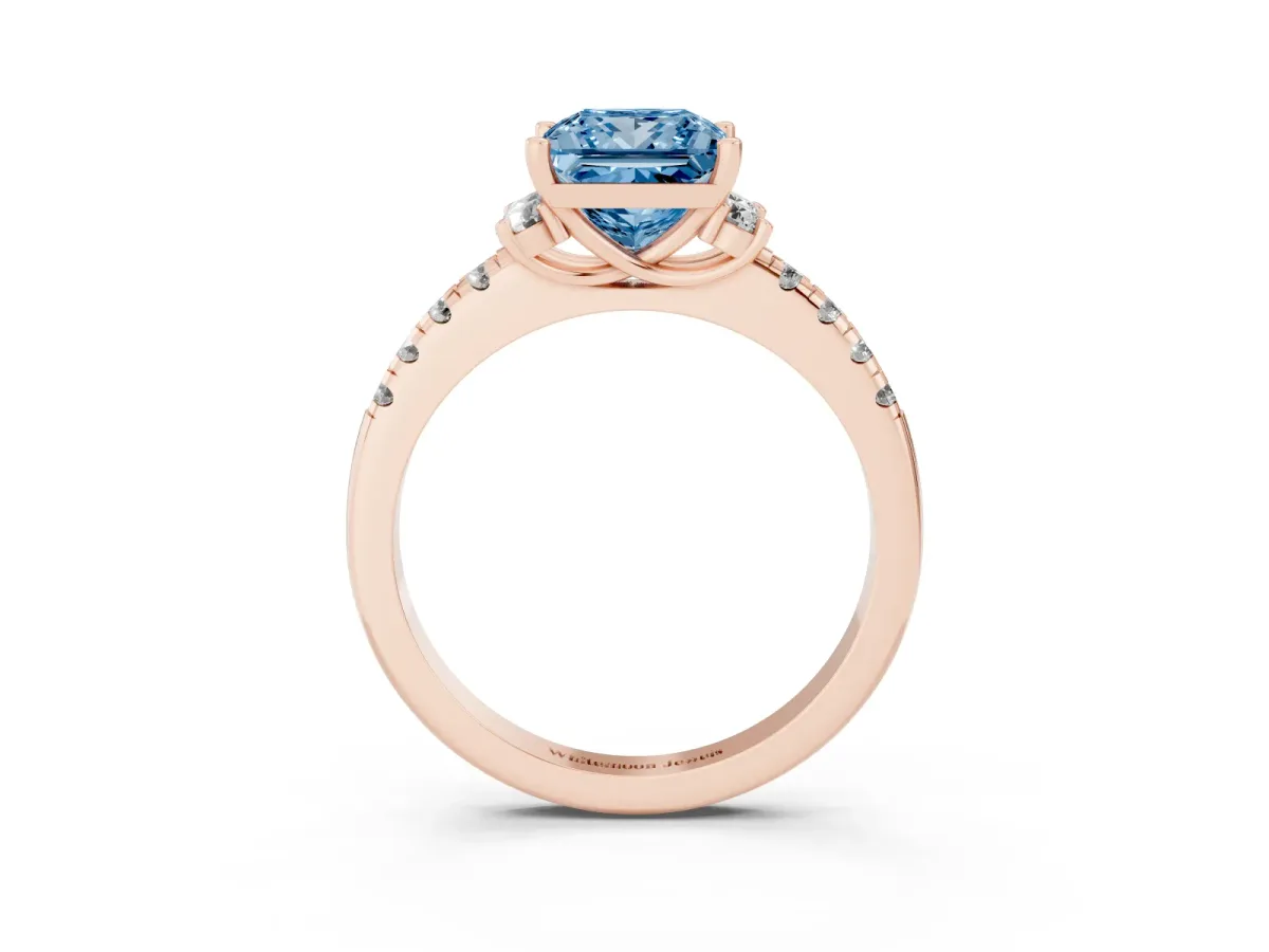 Fancy Blue Princess Cut Diamond Three-Stone Pave Band with Four-Prong Setting Rose gold