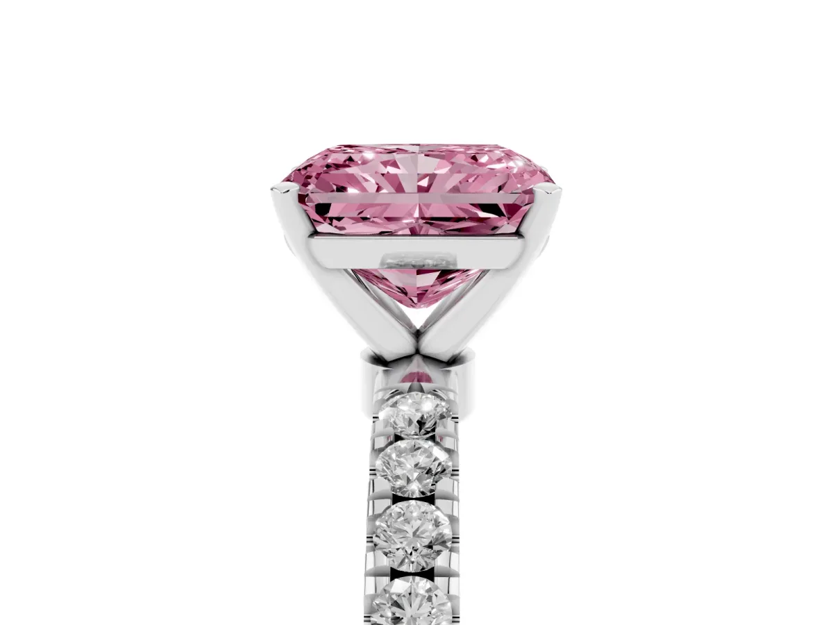 Fancy Pink Radiant Cut Diamond Solitaire Ring with Pavé Accents and Four-Prong Setting Platinum