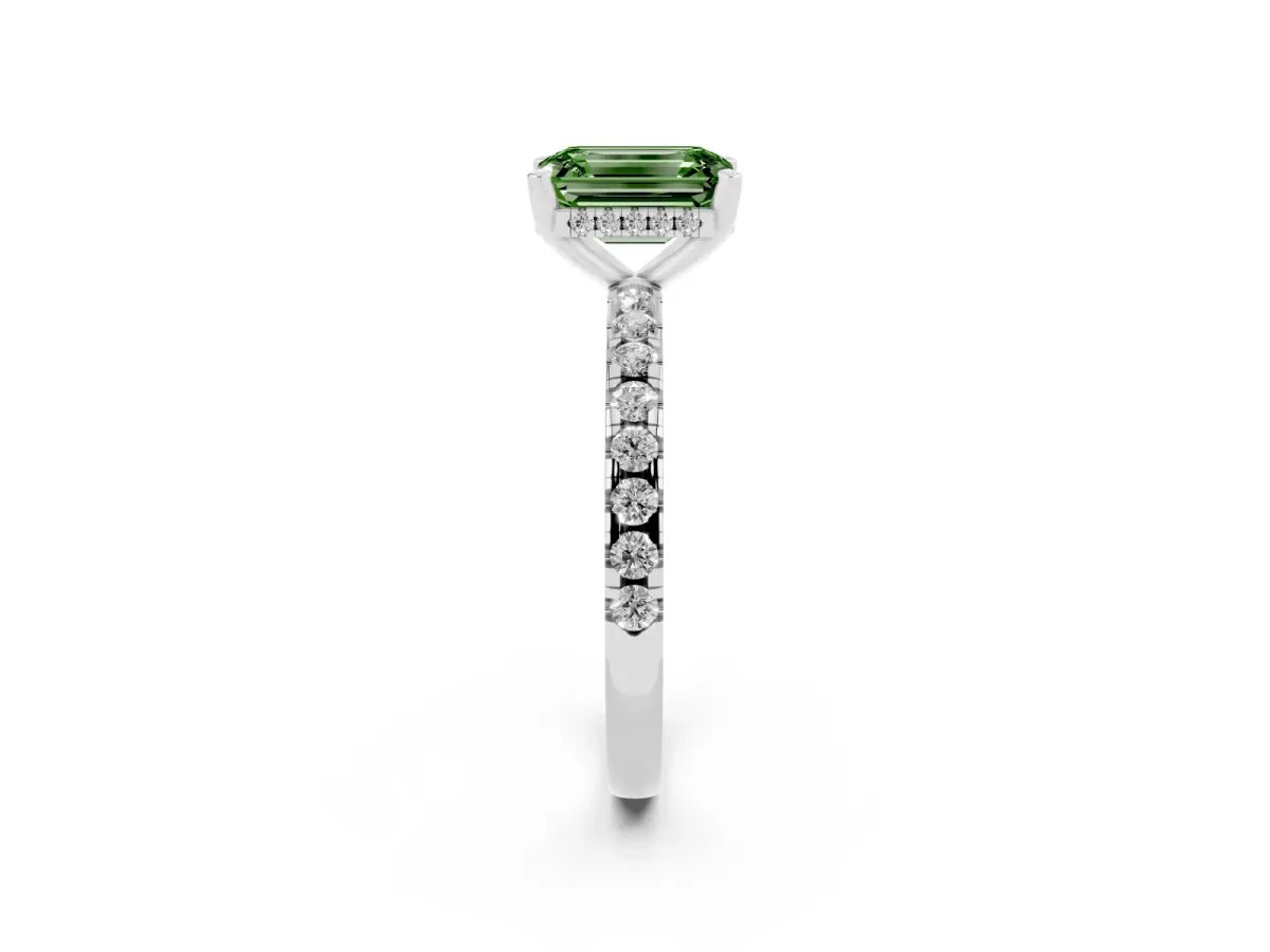 Fancy Green Emerald Cut Diamond Solitaire Ring with Round Pavé Band and Four-Prong Setting Silver
