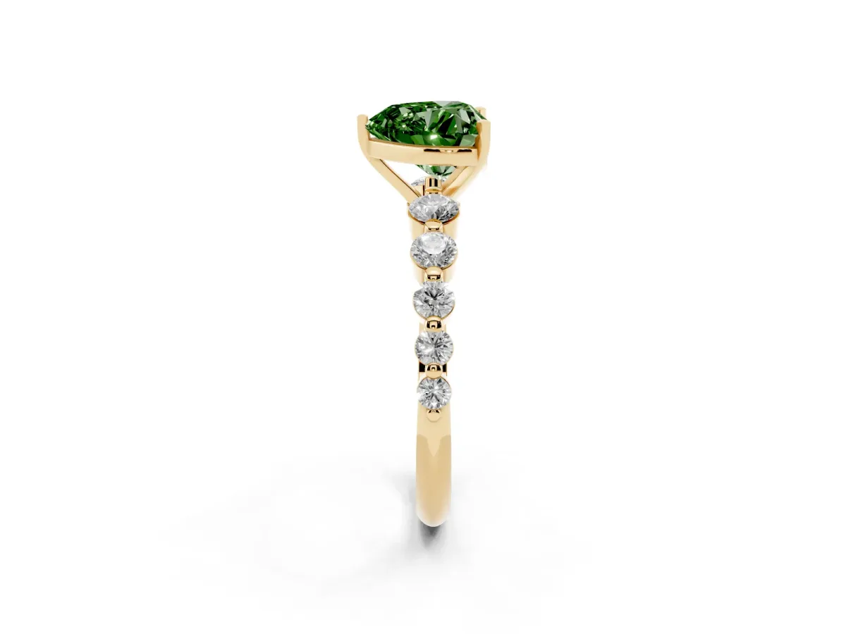 Fancy Green Heart Cut Solitaire Diamond Ring with Pave Band and Four-Prong Setting Yellow gold