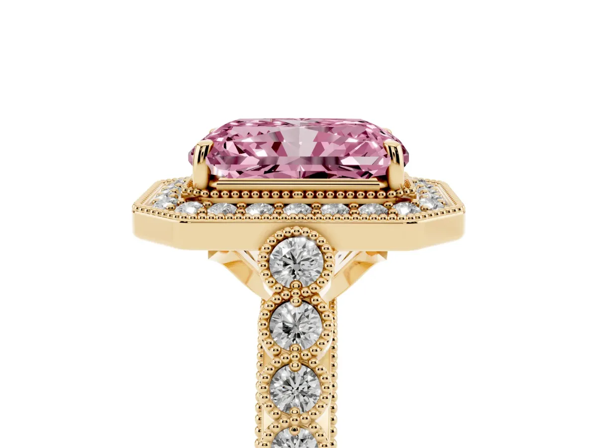 Fancy Pink Radiant Cut Halo Milgrain Solitaire with Bezel Set Side Stones and Pave Band Yellow gold