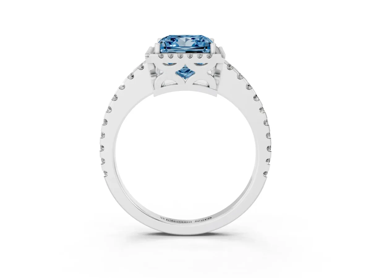 Fancy Blue Princess Cut Diamond Halo Engagement Ring with Pavé Band and Prong Setting Silver