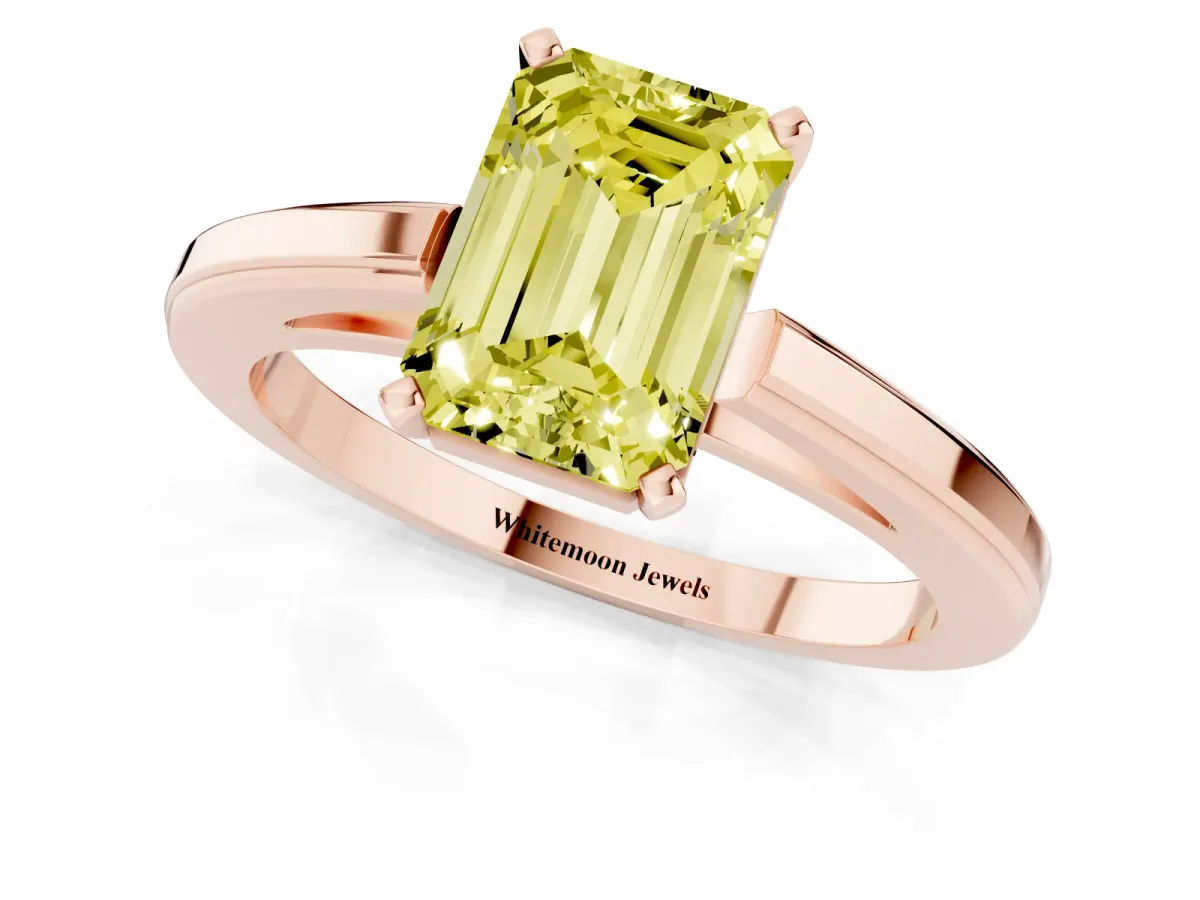 Fancy Yellow Emerald Cut Solitaire Diamond Ring with Four-Prong Setting and Classic Band Rose gold