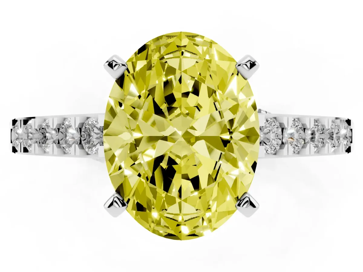 Fancy Yellow Oval Cut Diamond Solitaire Ring with Crossover Gallery and Round Pavé Band Silver