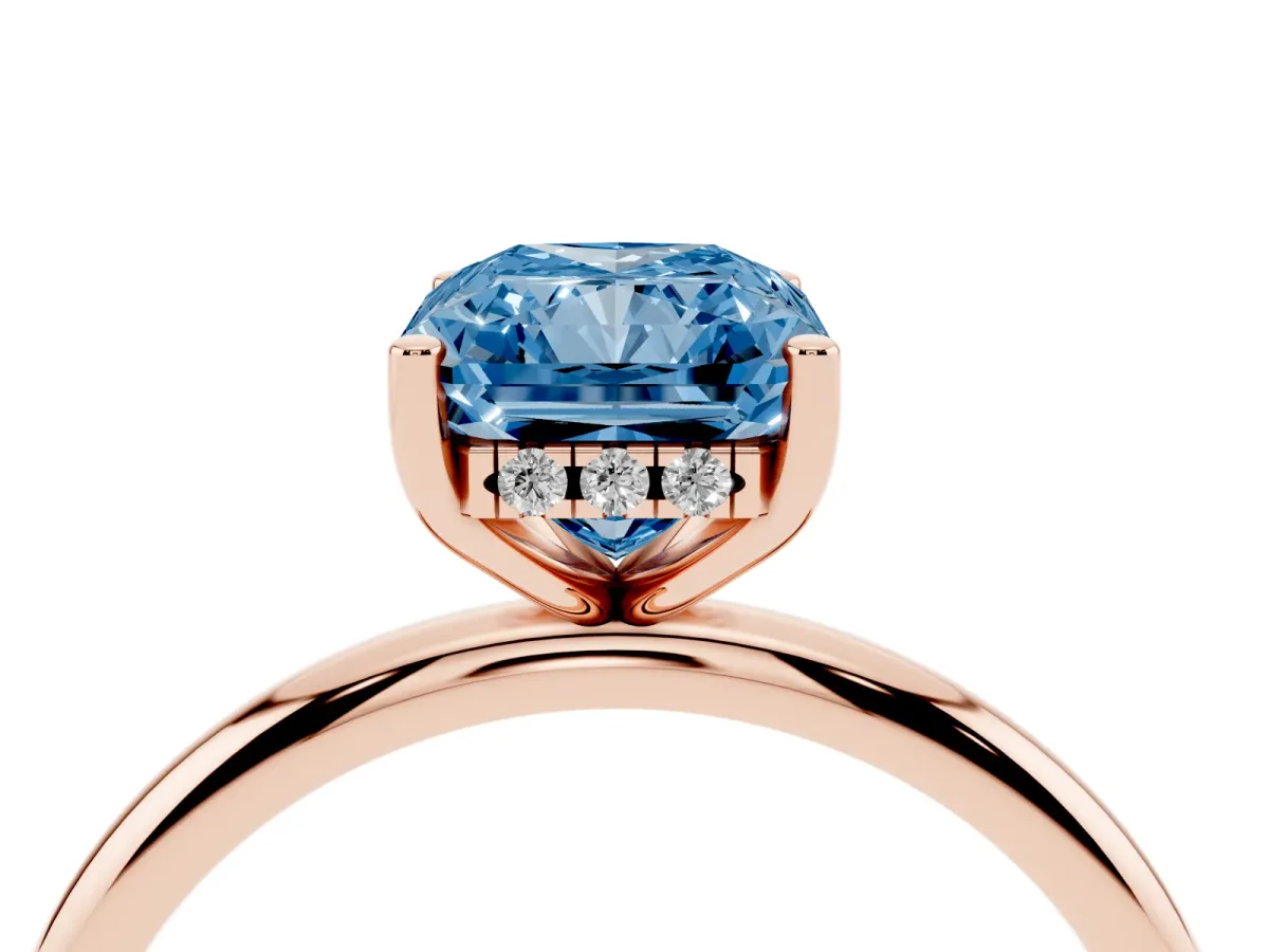 Fancy Blue Radiant Cut Cut Solitaire Engagement Ring with Four-Prong Setting and Classic Band Rose gold