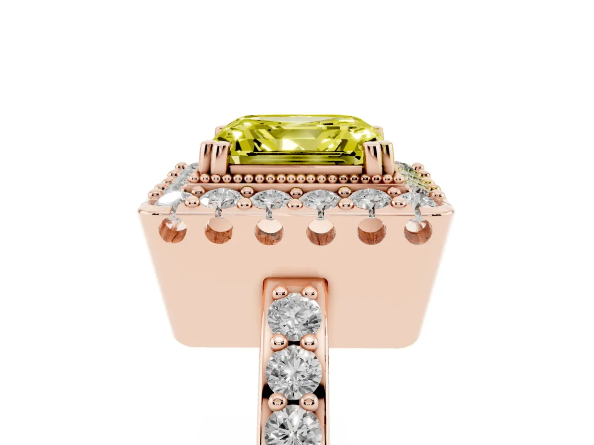 Fancy Yellow Asscher Cut Diamond Halo Ring with Pavé Band and Prong Setting Rose gold
