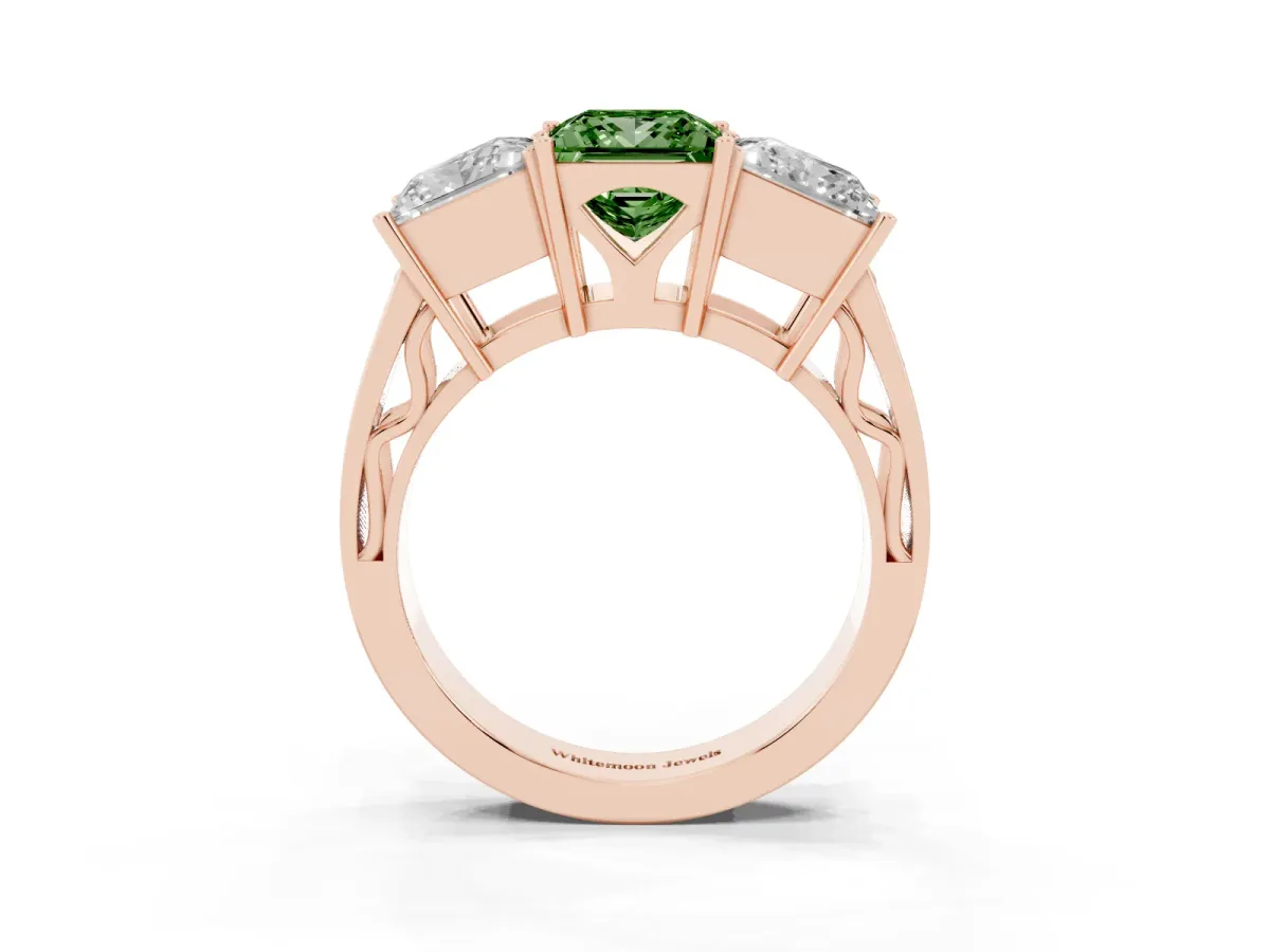 Fancy Green Princess Cut Diamond Three-Stone Ring with Prong Setting and Textured Band Rose gold