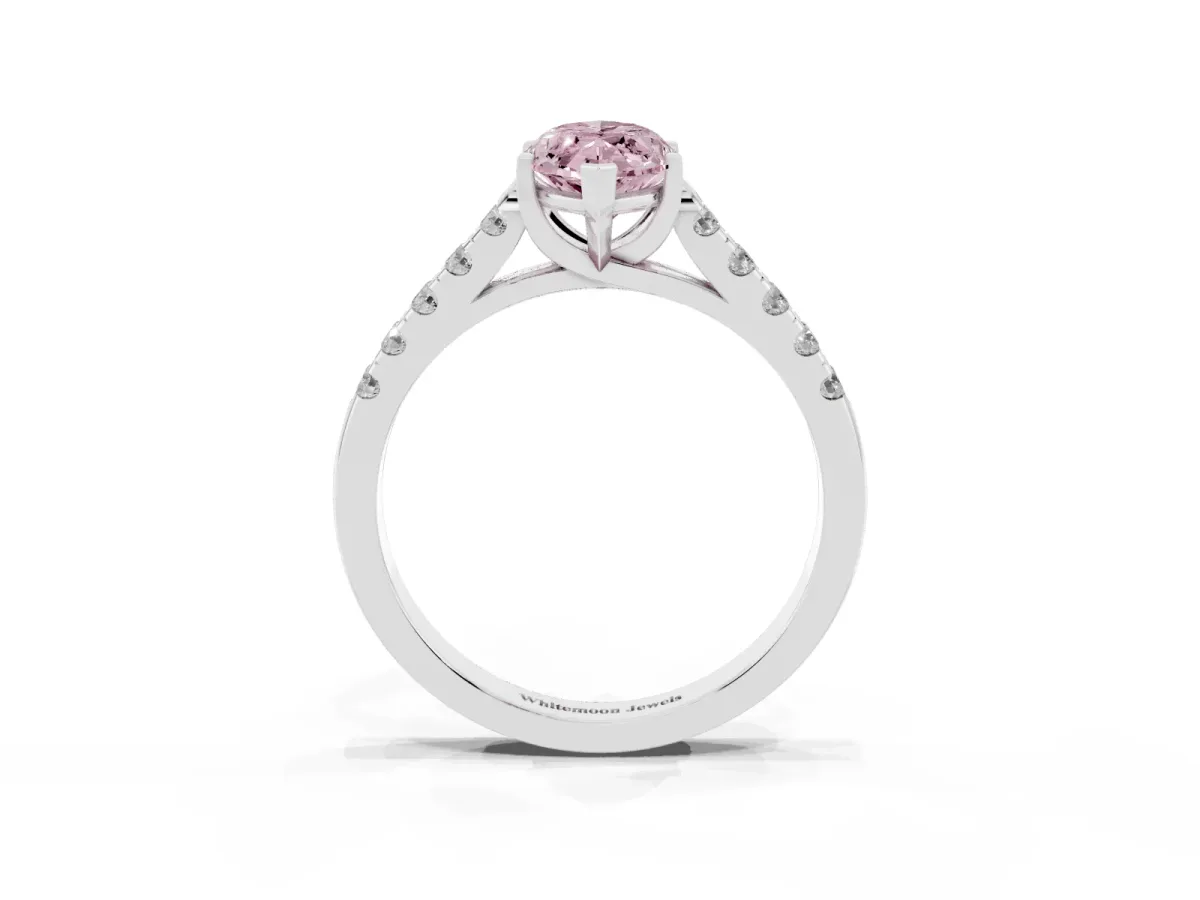 Fancy Pink Marquise Cut Diamond Pavé Band Solitaire Ring with Prong Setting Silver