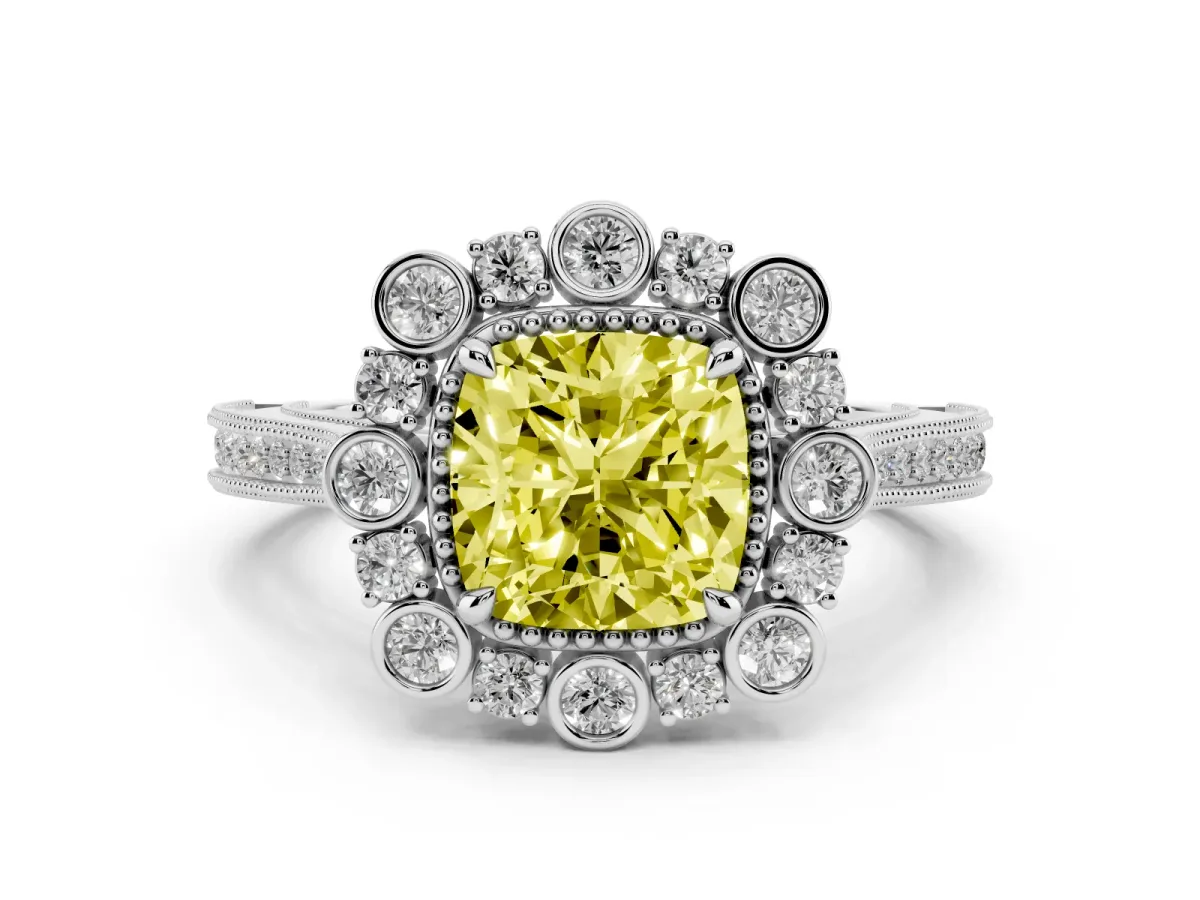 Fancy Yellow Cushion Cut Halo Milgrain Pave Diamond Ring with Four-Prong Setting Silver