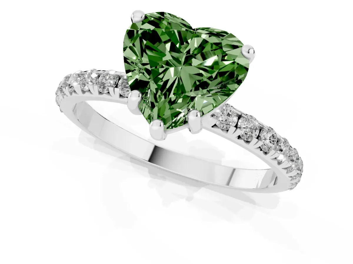 Fancy Green Heart Cut Cut Diamond Solitaire Ring with Micro Pave Band and Four Prong Setting Silver