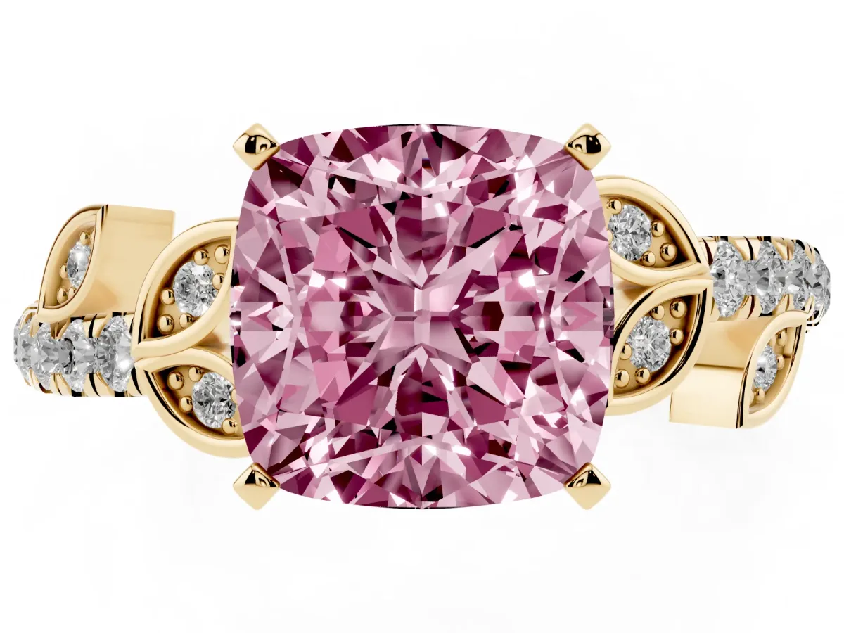 Fancy Pink Cushion Cut Solitaire Leaf-Inspired Diamond Ring with Pavé Band and Four-Prong Setting Yellow gold