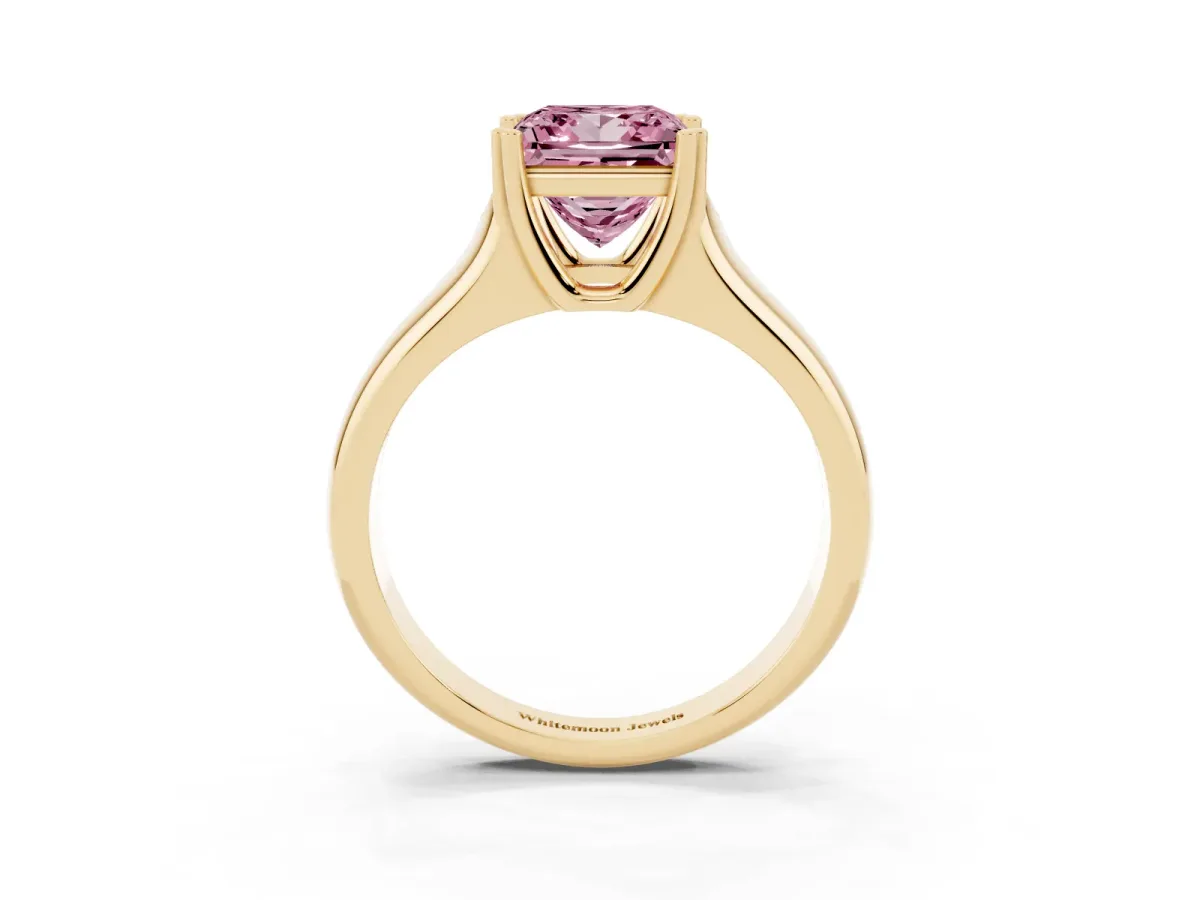Fancy Pink Princess Cut Diamond Solitaire Ring with Wide Band and Prong Setting Yellow gold