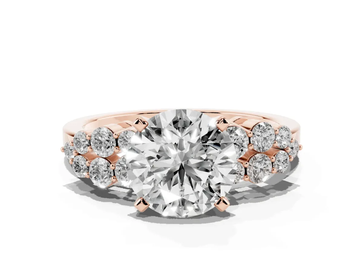 Round Cut Cluster Diamond Engagement Ring with Pavé Band and Four-Prong Setting Rose gold