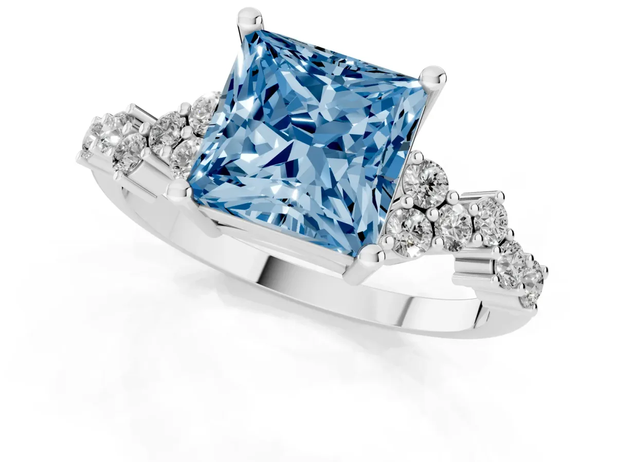 Fancy Blue Princess Cut Diamond Scattered Round Accent Ring with Prong Setting White gold