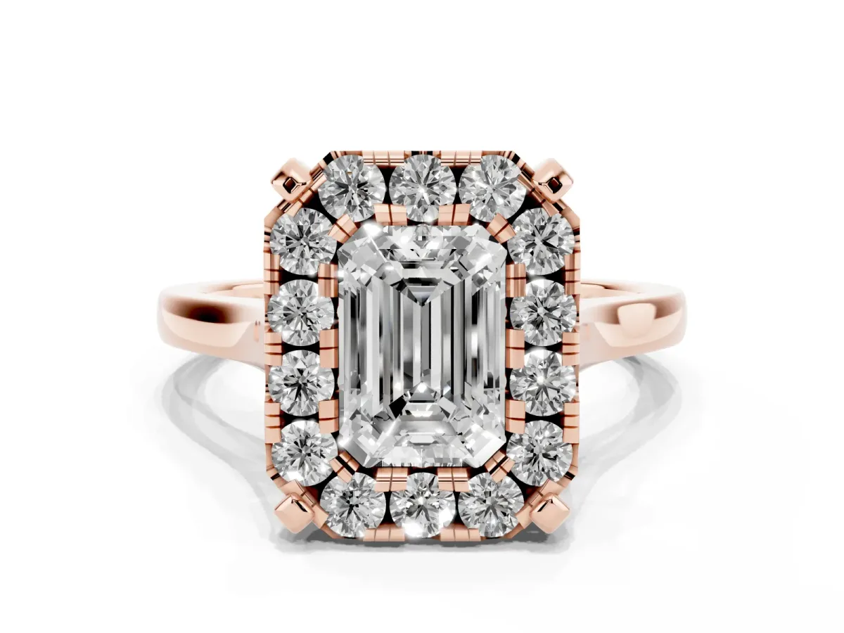 Emerald Cut Diamond Cluster Halo Solitaire with Four-Prong Setting Rose gold