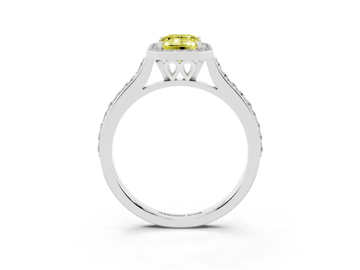 Fancy Yellow Emerald Cut Diamond Halo Engagement Ring with Round Pavé Shoulders and Prong Setting White gold